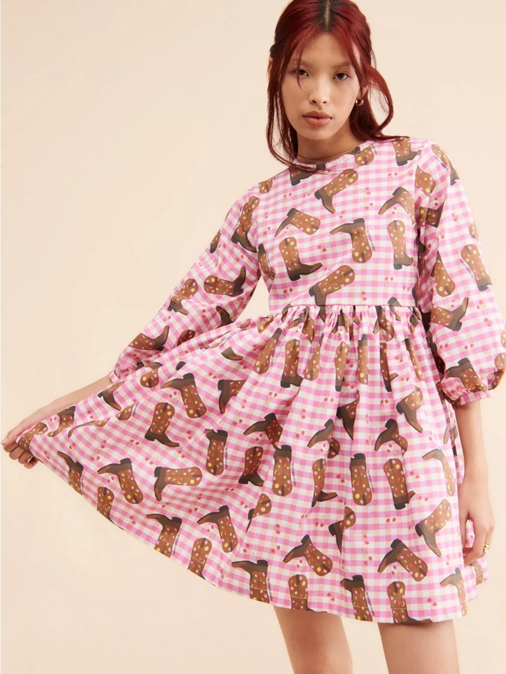 Large Megan Crosby Lila cowboy boots dress Pink Gingham Playful Boot Print